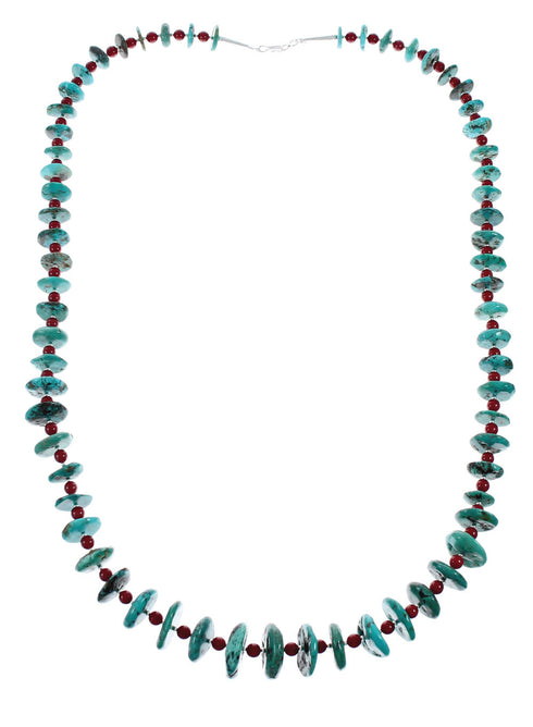 Navajo Sterling Silver Turquoise And Coral Bead Necklace X11181
